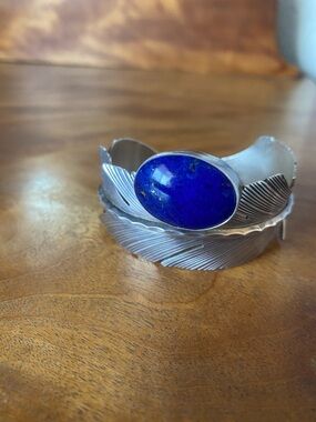 Silver Feather Cuff Bracelet with Deep Blue Lapis Stone